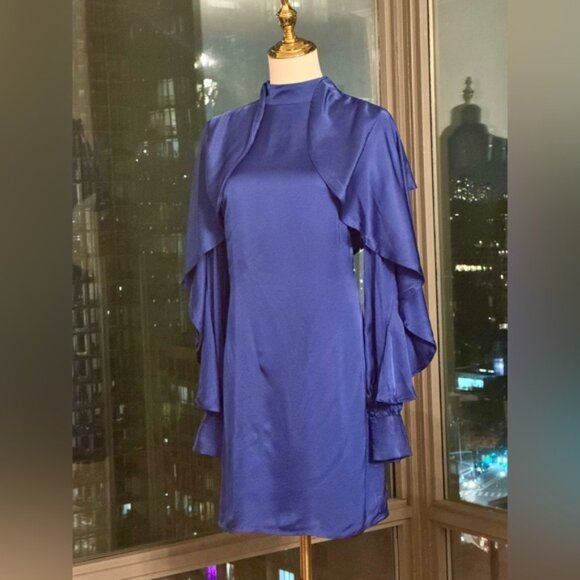 🆕 FARM Rio 🧿 NWOT Bright Blue Backless Ruffle Sleeve Mini Dress, Sz XS - Picture 4 of 16